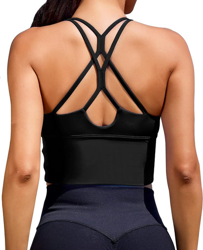 Women Sports Bras Longline Fitness Crop Tops Tank Gym Camisole Strappy Criss Cross Yoga Workout Running Shirts