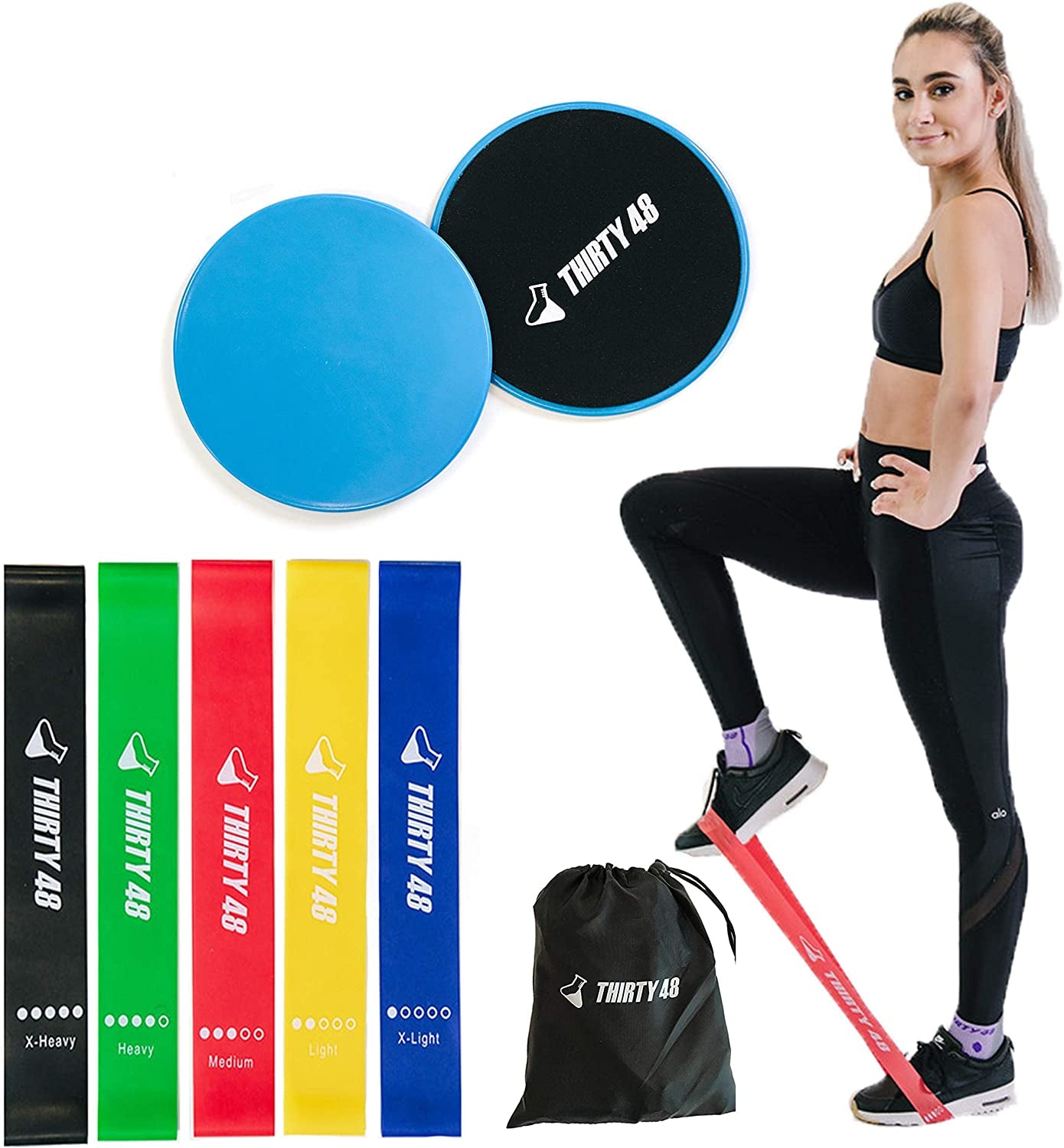 Gliding Discs Core Sliders and 5 Exercise Resistance Bands | Strength, Stability, and Training for Home, Gym, Travel | User Guide & Carry Bag