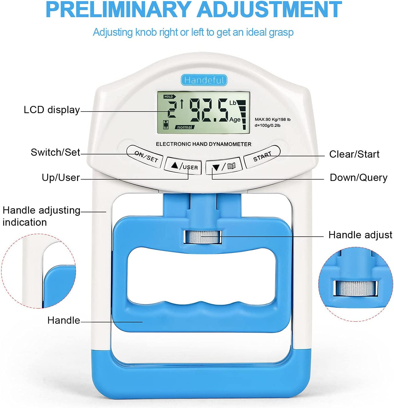 Grip Strength Tester Trainer - Dynamometer Handgrip Measurer Meter, Handheld Strengthener Exerciser for Sports, School, and Home Use (198Lbs / 90Kgs)